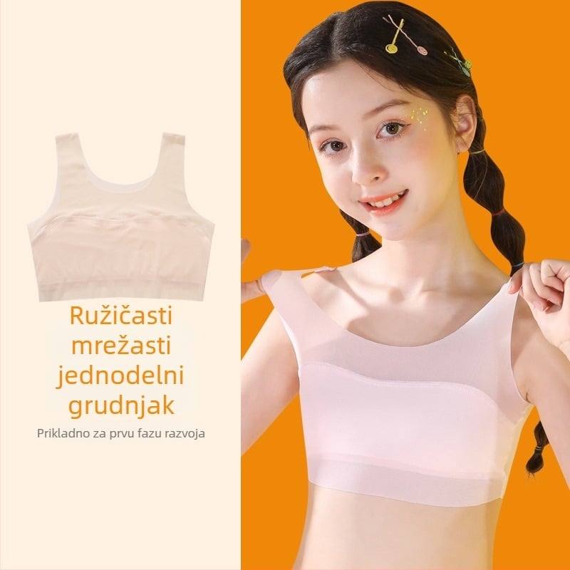 Trening grudnjak za djevojčice 9–13 godina, najlon tkanina s podstavom od spandeksa, potpuno košarice, ultra-tanki oblikovani košarice, fiksne dvostruke naramenice, prozračan i udoban.