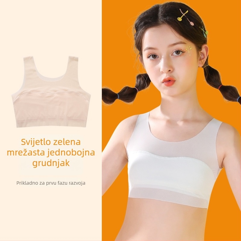 Trening grudnjak za djevojčice 9–13 godina, najlon tkanina s podstavom od spandeksa, potpuno košarice, ultra-tanki oblikovani košarice, fiksne dvostruke naramenice, prozračan i udoban.