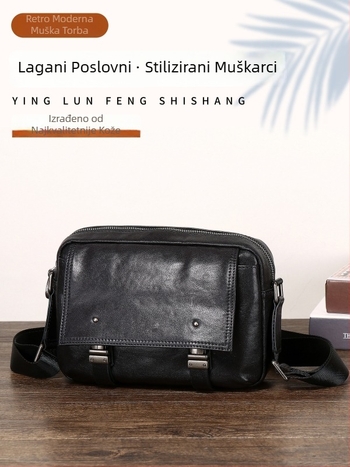 Muška torba preko ramena od prave kože, vrhunska govedja koža, kompatibilna s 9-inčnim prijenosnikom, vodootporna, proširiva