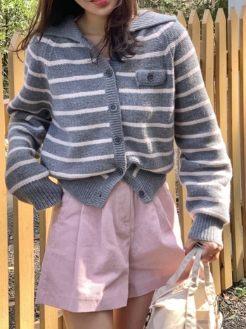 Cardigan pulover s reverom, prugasti pleteni, dugi rukavi – korejski chic jesen stil, poliester blend 30-50%, standardna duljina, uredski stil