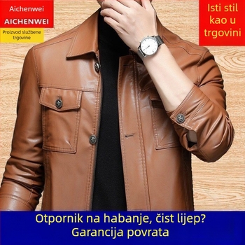 Muška PU kožna jakna, korejskog stila, prilagođen kroj, jednobrodno zatvaranje, bočni džepovi uz šavove