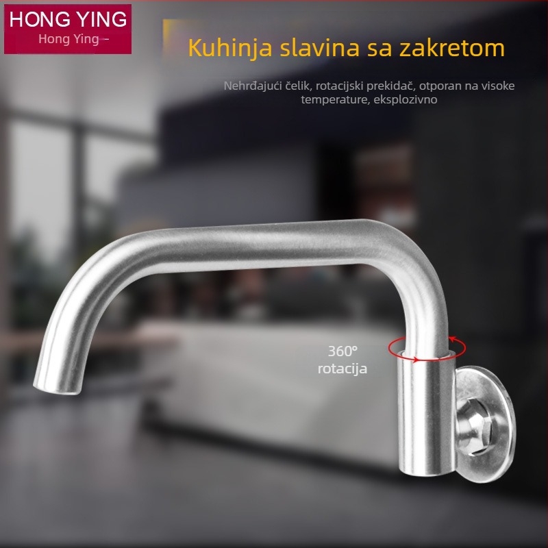 Kuhinjski faucet s rotirajućom ručkom, nehrđajući čelik, keramički uložak, navojno ugradnja, promjer ulaza/izlaza 2 cm, radni raspon -20°C do 100°C