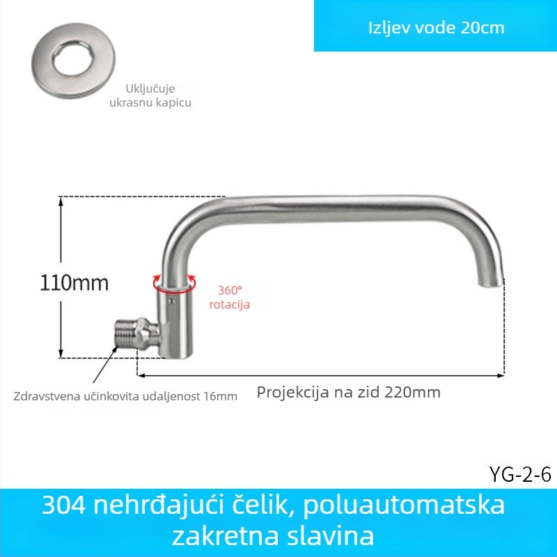 Kuhinjski faucet s rotirajućom ručkom, nehrđajući čelik, keramički uložak, navojno ugradnja, promjer ulaza/izlaza 2 cm, radni raspon -20°C do 100°C