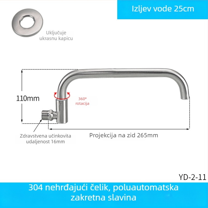 Kuhinjski faucet s rotirajućom ručkom, nehrđajući čelik, keramički uložak, navojno ugradnja, promjer ulaza/izlaza 2 cm, radni raspon -20°C do 100°C
