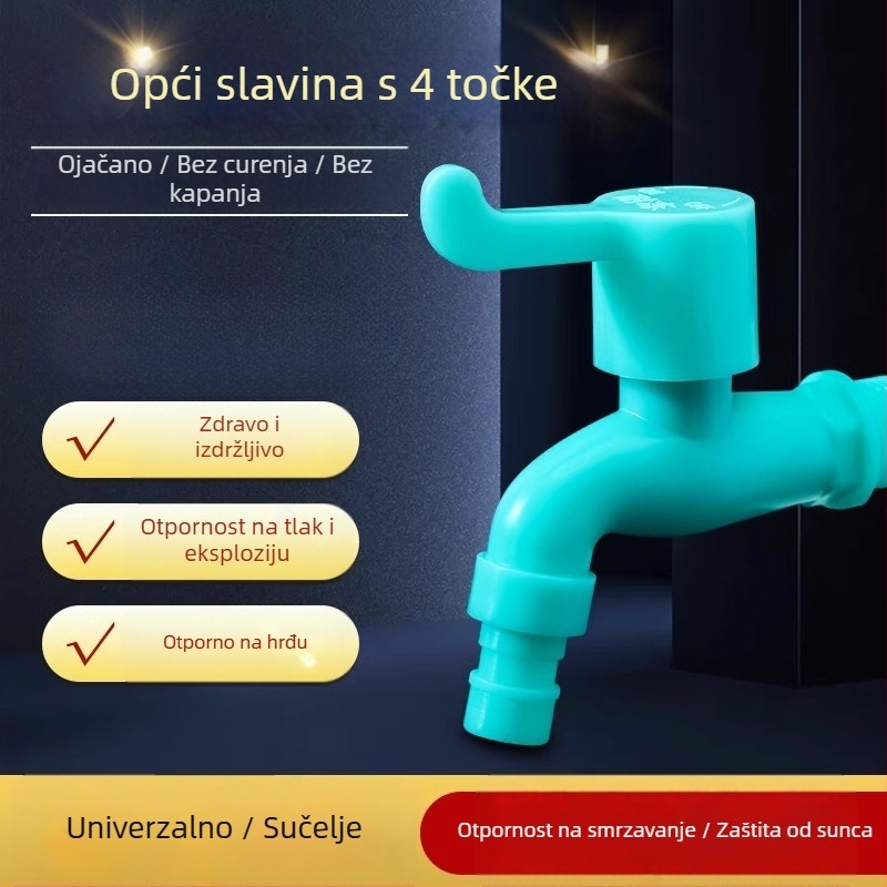Plastični faucet, jednodijelna konstrukcija, otvaranje ključem, pogodan za tuš, moderan stil.