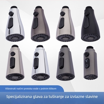 Kuhinjska slavina s povlačnim vrhom, univerzalni teleskopski, protiv prskanja, za sudoper (Model 152; Materijal: ABS; Površinska obrada: Elektroplatiniranje; Način montaže: gumb tip; Stil: moderni minimalistički)