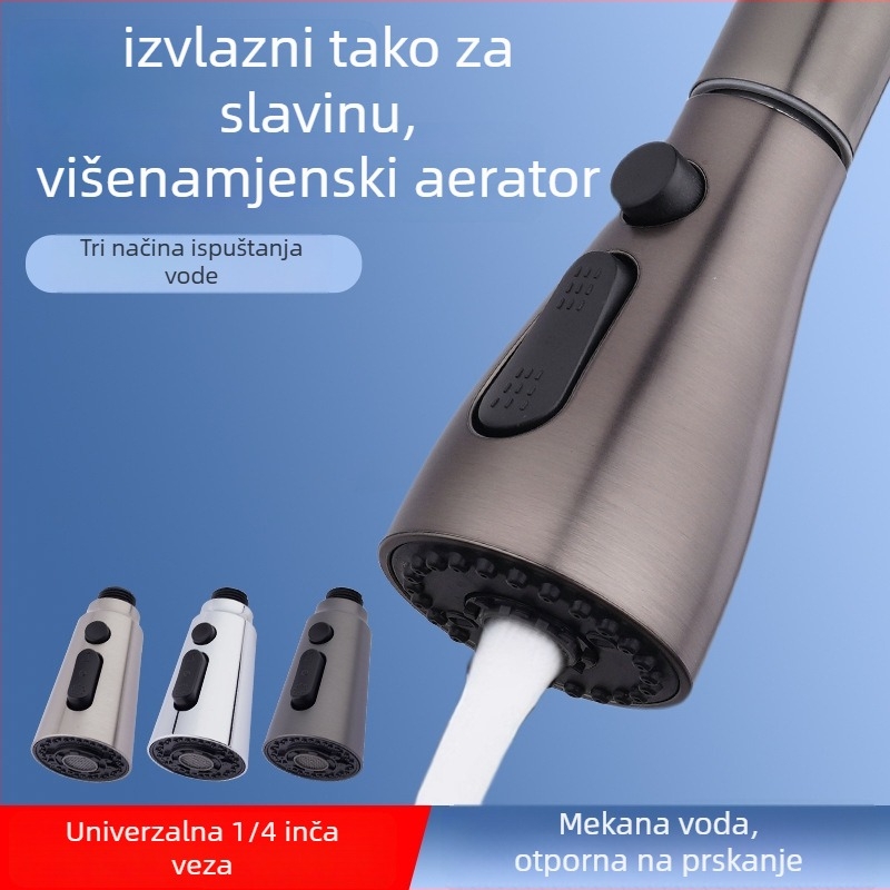 Kuhinjska slavina s povlačnim vrhom, univerzalni teleskopski, protiv prskanja, za sudoper (Model 152; Materijal: ABS; Površinska obrada: Elektroplatiniranje; Način montaže: gumb tip; Stil: moderni minimalistički)