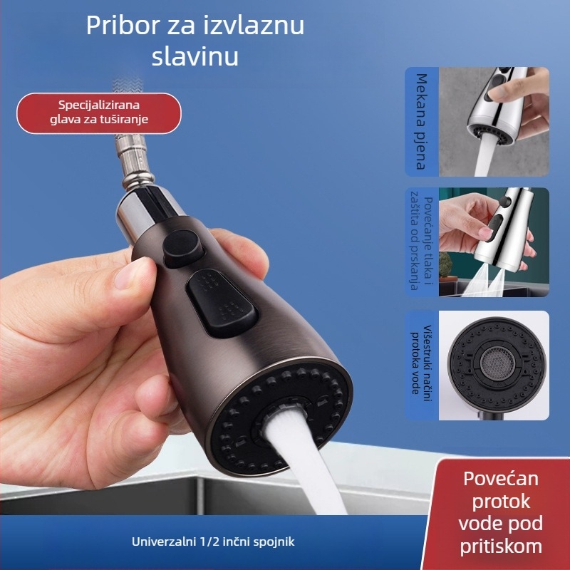 Kuhinjska slavina s povlačnim vrhom, univerzalni teleskopski, protiv prskanja, za sudoper (Model 152; Materijal: ABS; Površinska obrada: Elektroplatiniranje; Način montaže: gumb tip; Stil: moderni minimalistički)
