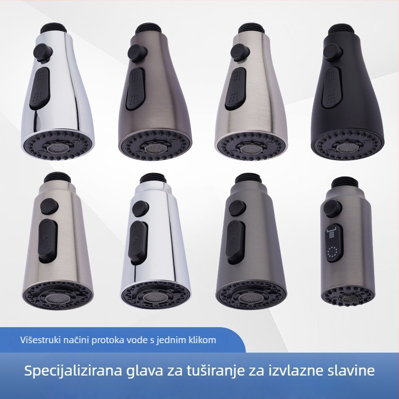 Kuhinjska slavina s povlačnim vrhom, univerzalni teleskopski, protiv prskanja, za sudoper (Model 152; Materijal: ABS; Površinska obrada: Elektroplatiniranje; Način montaže: gumb tip; Stil: moderni minimalistički)