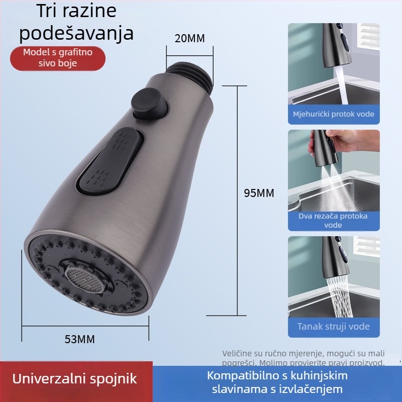 Kuhinjska slavina s povlačnim vrhom, univerzalni teleskopski, protiv prskanja, za sudoper (Model 152; Materijal: ABS; Površinska obrada: Elektroplatiniranje; Način montaže: gumb tip; Stil: moderni minimalistički)