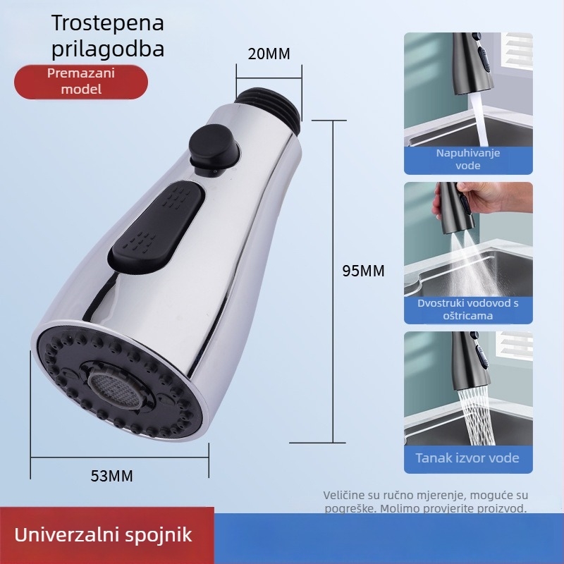 Kuhinjska slavina s povlačnim vrhom, univerzalni teleskopski, protiv prskanja, za sudoper (Model 152; Materijal: ABS; Površinska obrada: Elektroplatiniranje; Način montaže: gumb tip; Stil: moderni minimalistički)