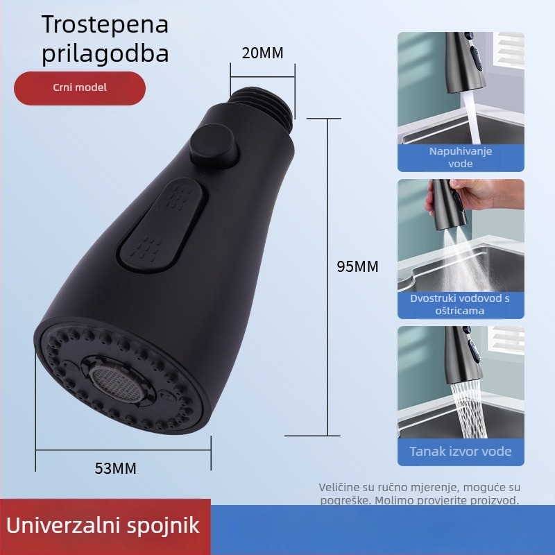 Kuhinjska slavina s povlačnim vrhom, univerzalni teleskopski, protiv prskanja, za sudoper (Model 152; Materijal: ABS; Površinska obrada: Elektroplatiniranje; Način montaže: gumb tip; Stil: moderni minimalistički)