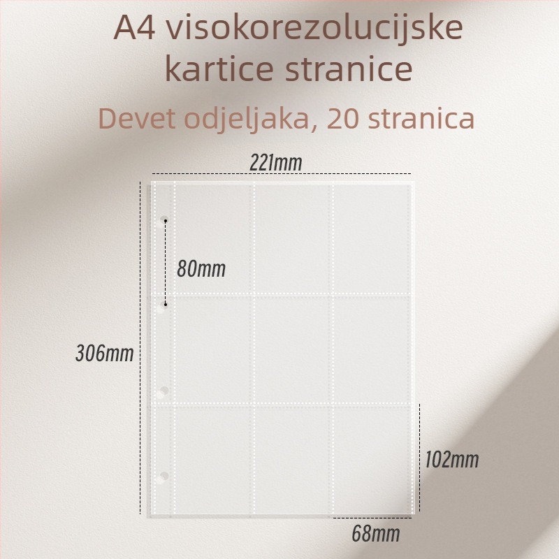 Debeli kartični album s unutarnjim stranicama s devet kvadrata za poštanske kartice i pohranu ulaznica