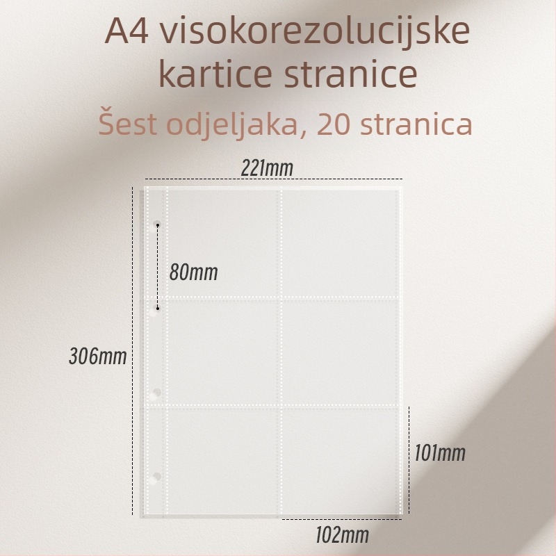 Debeli kartični album s unutarnjim stranicama s devet kvadrata za poštanske kartice i pohranu ulaznica