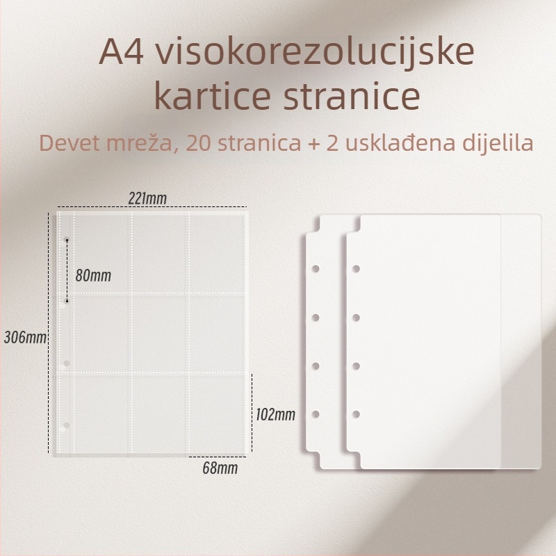 Debeli kartični album s unutarnjim stranicama s devet kvadrata za poštanske kartice i pohranu ulaznica