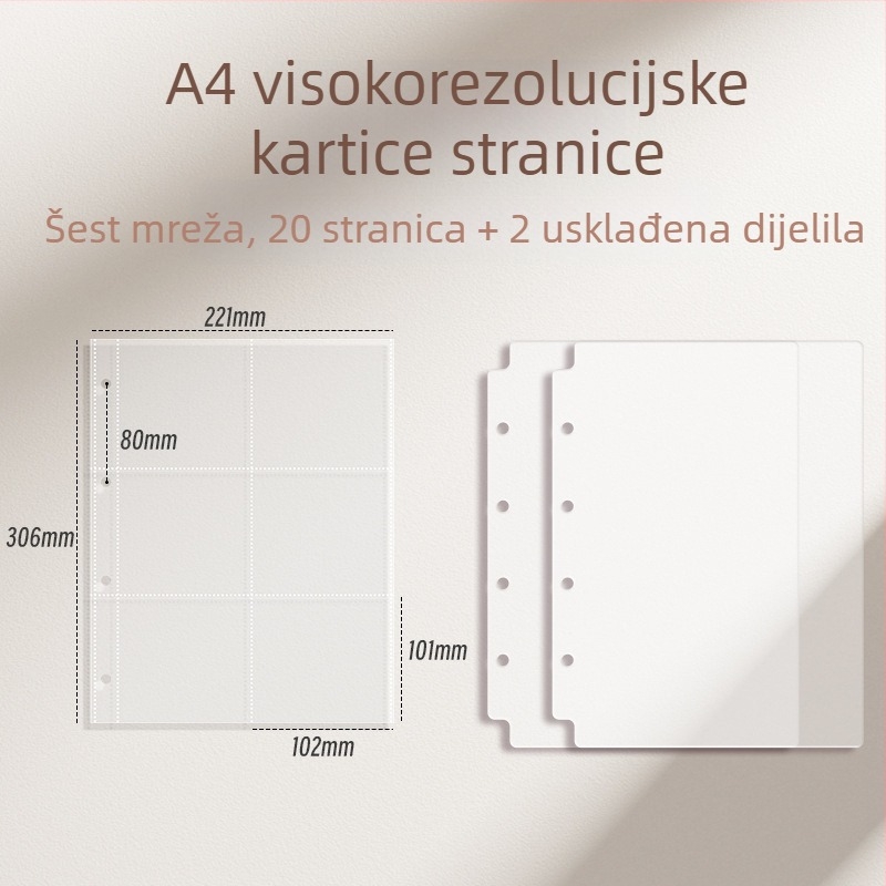 Debeli kartični album s unutarnjim stranicama s devet kvadrata za poštanske kartice i pohranu ulaznica
