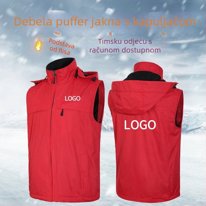 Zimska vesta za vanjski rad s prilagođenim logom, debeli fleece podstava, zip, odvojiva kapuljača, široki kroj