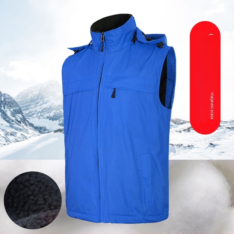 Zimska vesta za vanjski rad s prilagođenim logom, debeli fleece podstava, zip, odvojiva kapuljača, široki kroj
