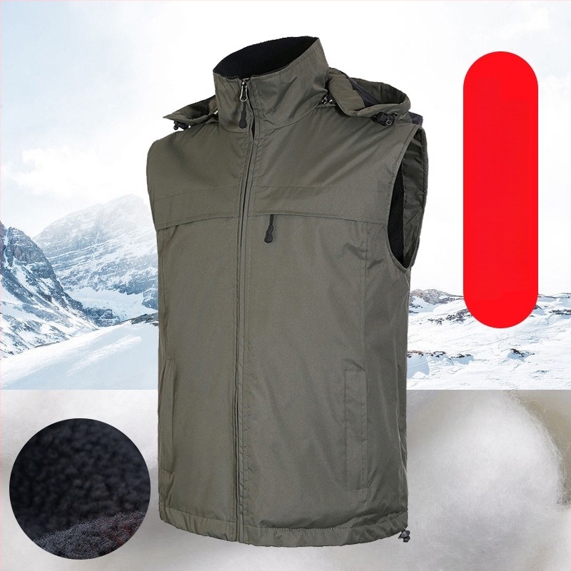 Zimska vesta za vanjski rad s prilagođenim logom, debeli fleece podstava, zip, odvojiva kapuljača, široki kroj