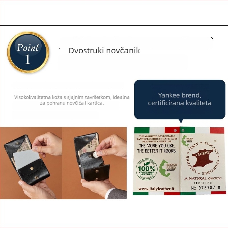 Muški novčanik od prave kože s pretincem za novčiće i velikim pretincem za banknote, ultra lagan dizajn, gradski minimalistički stil, podstava od tele kože