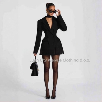 Ženski uski sako s V-izrezom, jednim gumbom, poliester, dugi rukavi