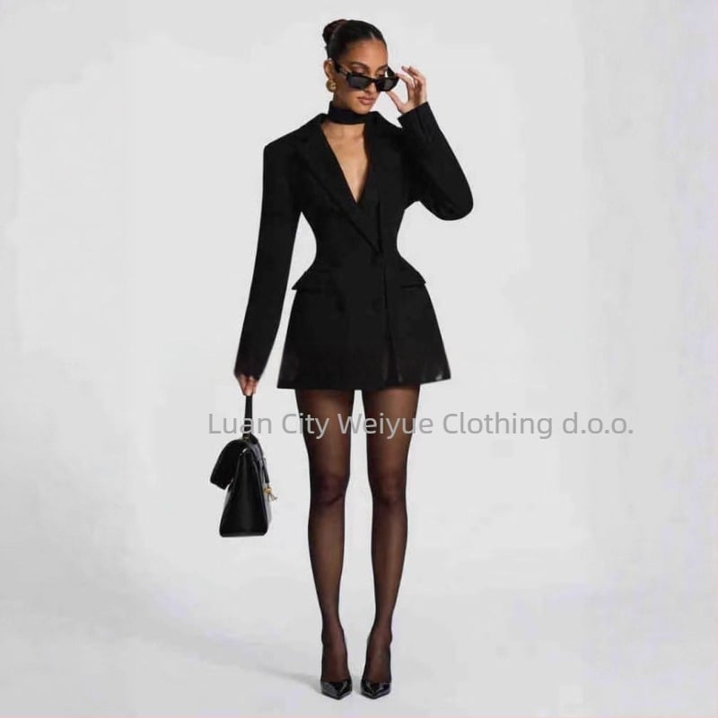 Ženski uski sako s V-izrezom, jednim gumbom, poliester, dugi rukavi