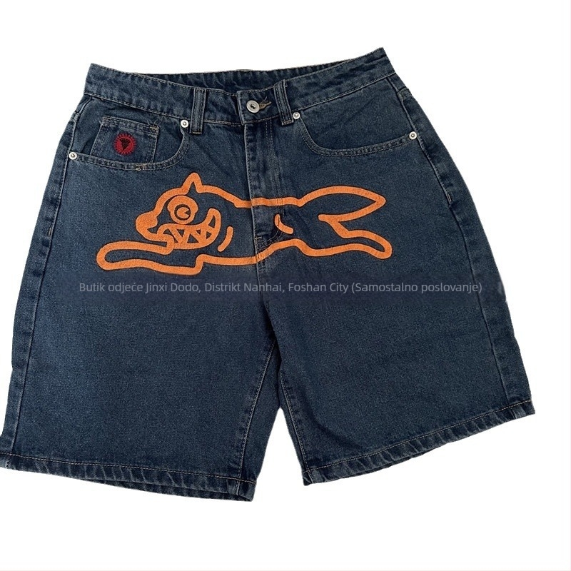 Muške traper šorceve – srednji pojas, straight kroj, izvezen detalj, pamuk 90%, skateboard/hip-hop stil