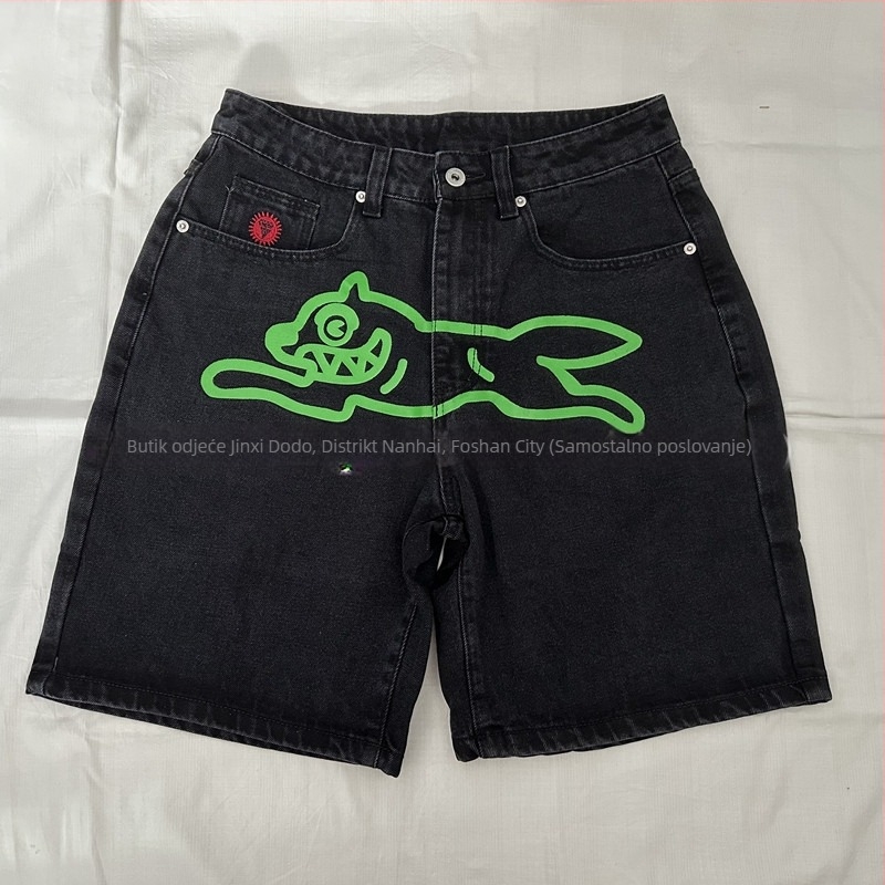 Muške traper šorceve – srednji pojas, straight kroj, izvezen detalj, pamuk 90%, skateboard/hip-hop stil