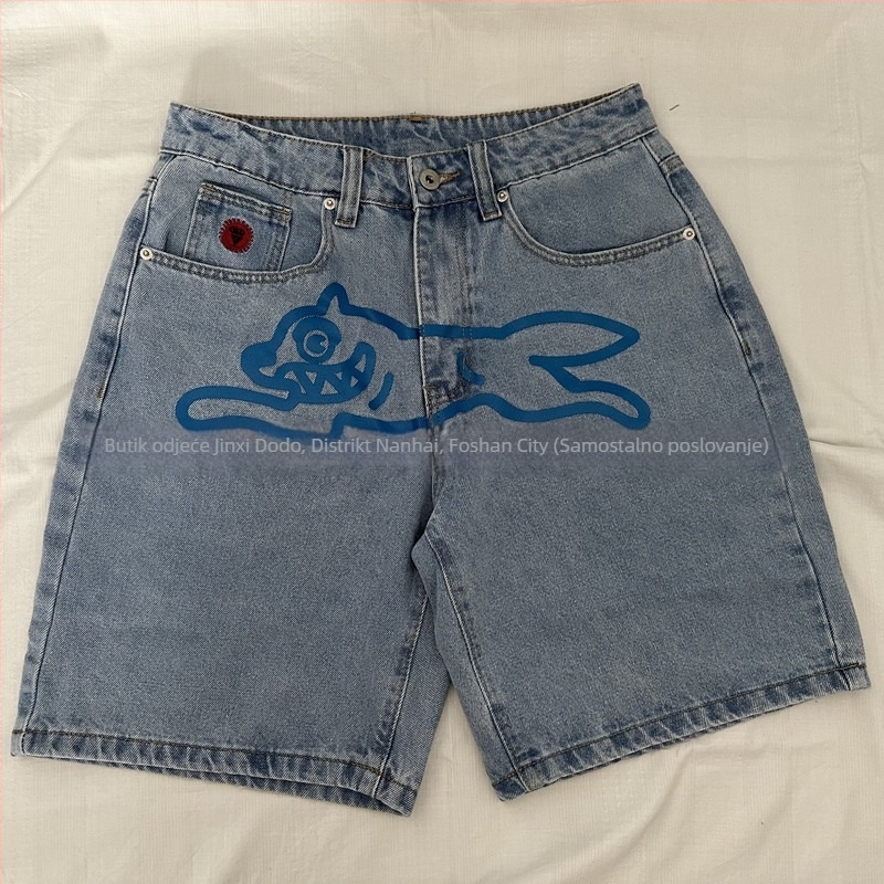 Muške traper šorceve – srednji pojas, straight kroj, izvezen detalj, pamuk 90%, skateboard/hip-hop stil