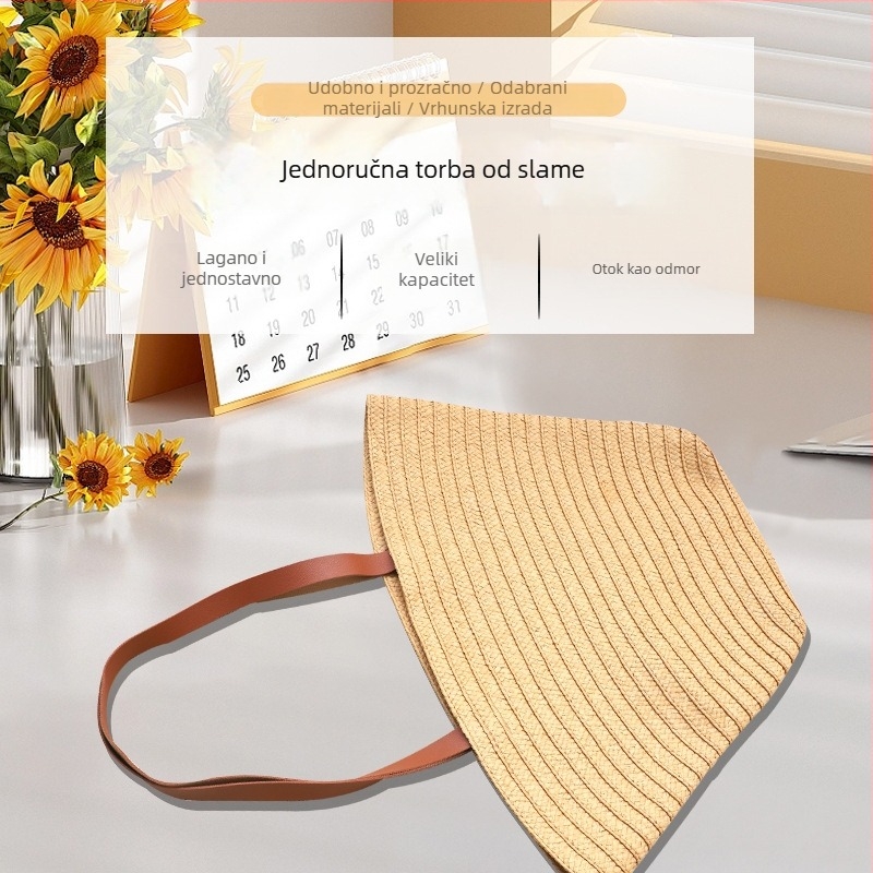 Torba od slame, gradski stil jednostavnosti, trapezni oblik, otvoreni vrh, dvostruke naramenice