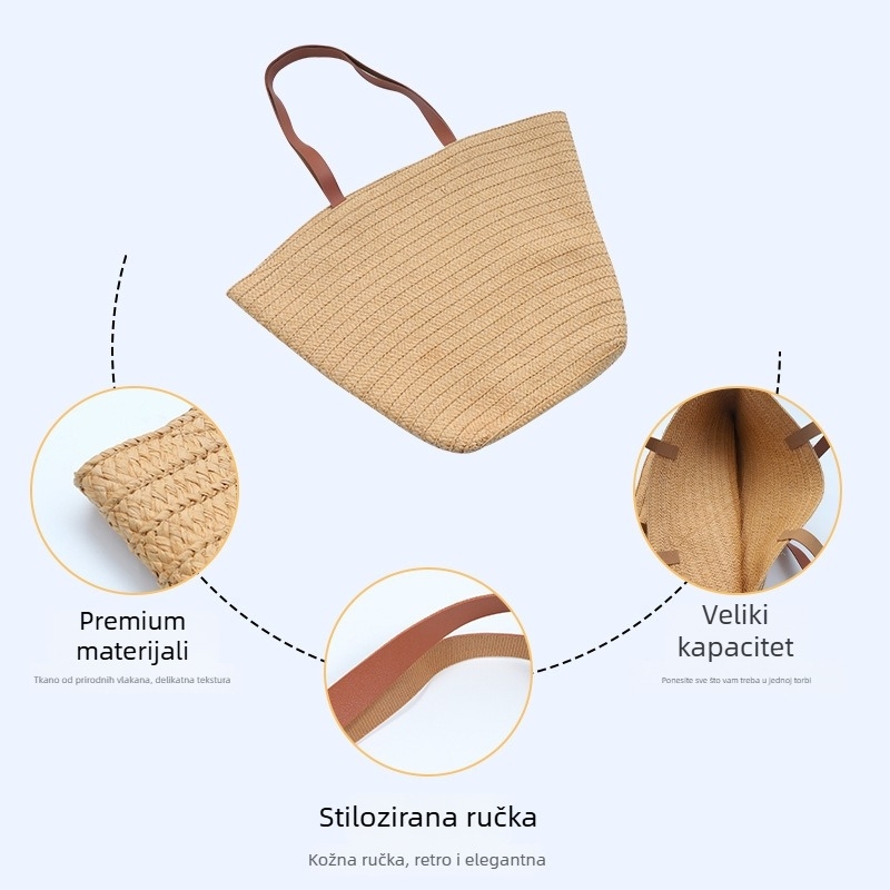 Torba od slame, gradski stil jednostavnosti, trapezni oblik, otvoreni vrh, dvostruke naramenice