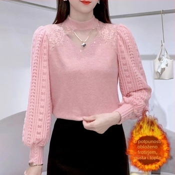 Čipkasti top s visokim ovratnikom i dugim rukavima, poliester tkanina, regularni kroj