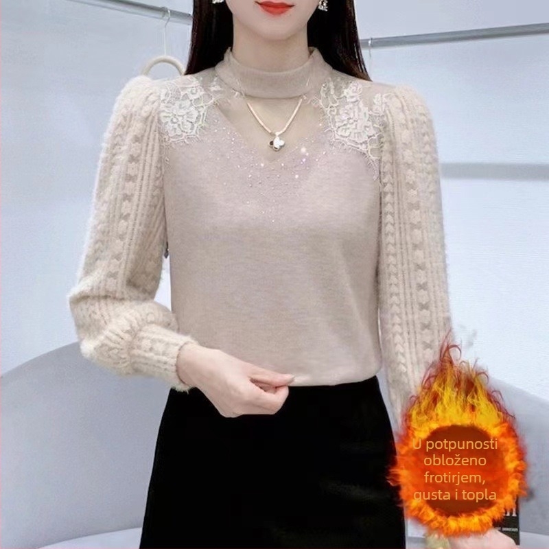 Čipkasti top s visokim ovratnikom i dugim rukavima, poliester tkanina, regularni kroj