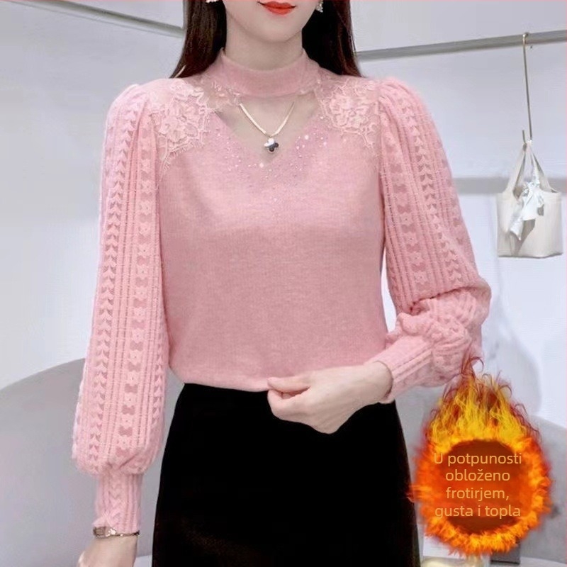 Čipkasti top s visokim ovratnikom i dugim rukavima, poliester tkanina, regularni kroj