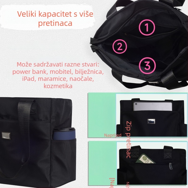 Ženska torbica za rame – Oxford plat, gradski minimalistički stil (vodoravni kvadratni oblik, zatvarač, džep za mobitel, dvostruki remeni)