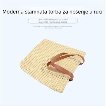 Ručna torbica od slame, gradski minimalistički stil, vertikalno kvadratni silueta, otvaranje izloženo