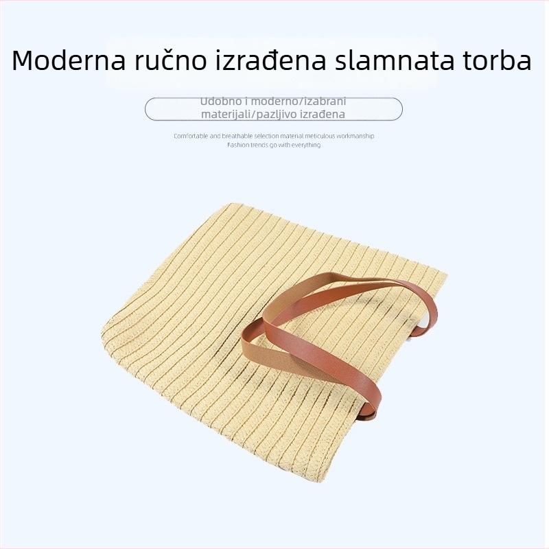 Ručna torbica od slame, gradski minimalistički stil, vertikalno kvadratni silueta, otvaranje izloženo