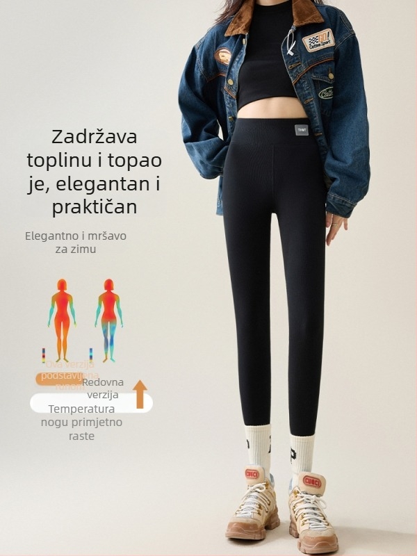 Ženske uske legice s flis podstavom, visoki pojas, tople za zimu 2025; materijal: viskoza 80.8%, najlon 16.6%, elastan 2.6%; debljina: debeli; zadržava toplinu