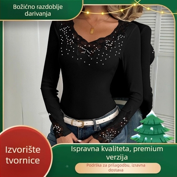 Ženska bluza s dugim rukavima, čipkaste umetke i kristali, V izrez, uski kroj, poliester.