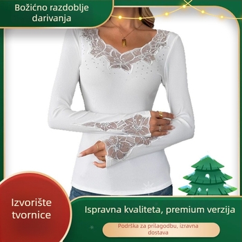 Ženska bluza s dugim rukavima, čipkaste umetke i kristali, V izrez, uski kroj, poliester.