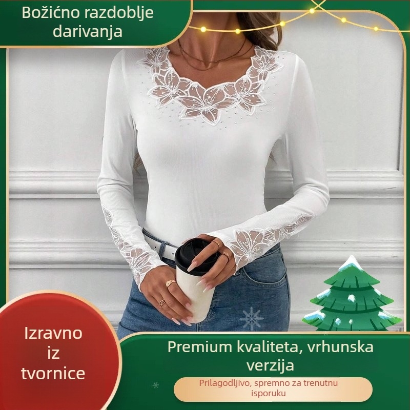 Ženska bluza s dugim rukavima, čipkaste umetke i kristali, V izrez, uski kroj, poliester.