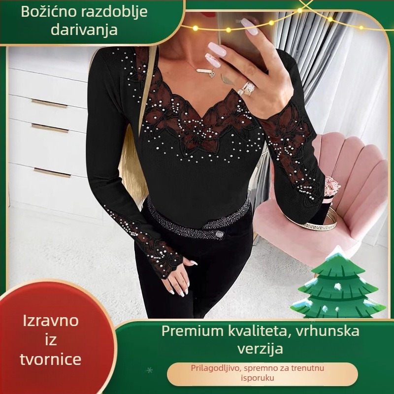 Ženska bluza s dugim rukavima, čipkaste umetke i kristali, V izrez, uski kroj, poliester.