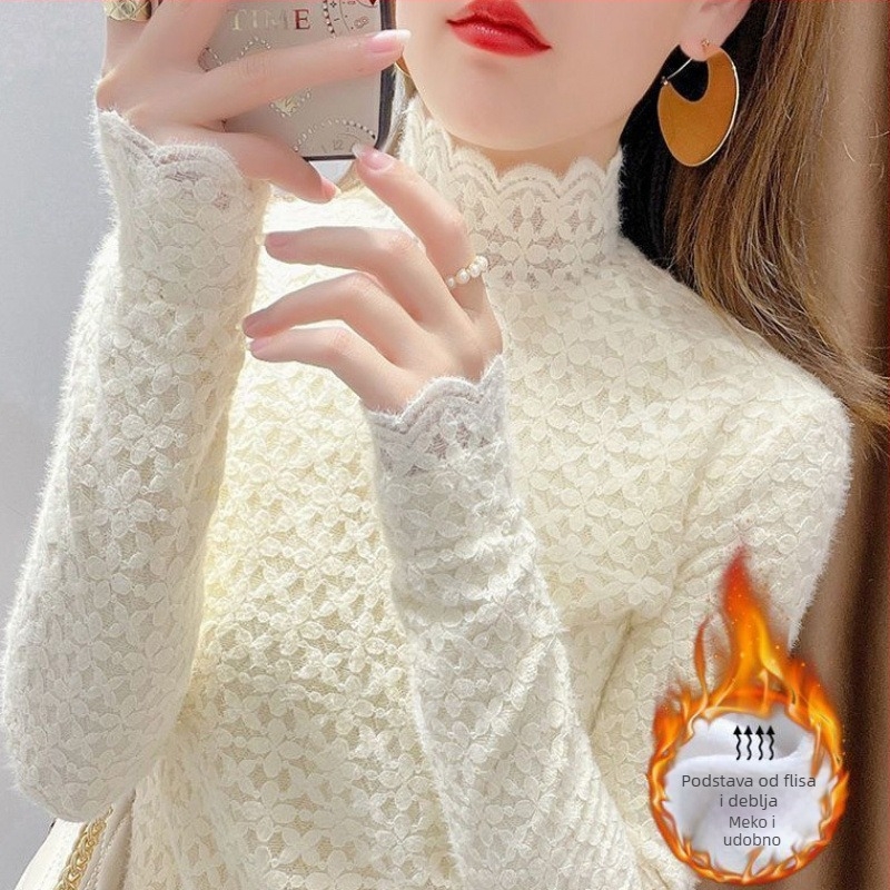 Ženska čipkasta baza bluza s flis podstavom, visoki ovratnik, dugi rukavi, pulover stil