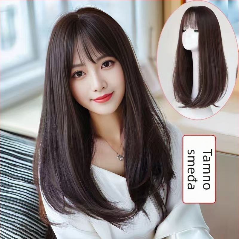 Perika za žene, srednje duljine do ključne kosti, zračne i bočne fringe, duga ravna kosa