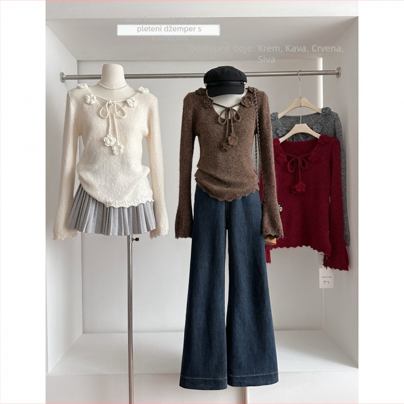 Senna ženski pulover s V-izrezom i vezicama, pleteni top s kapuljom, poliester-bavlna smjesa, dugi rukav, zima 2025