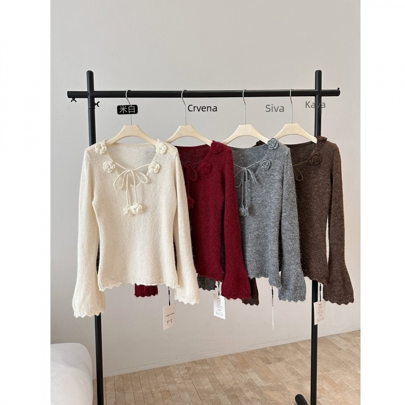 Senna ženski pulover s V-izrezom i vezicama, pleteni top s kapuljom, poliester-bavlna smjesa, dugi rukav, zima 2025