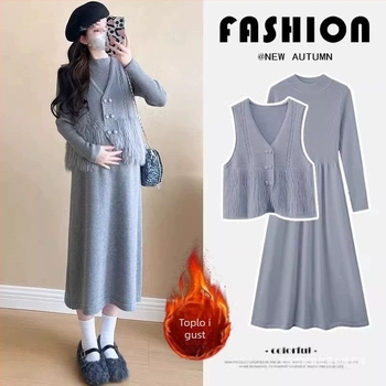 Trudnički set za jesen/zimu, dvodijelni: pleteni haljina s vestom, dugi rukavi, Air Cotton tkanina, kratka suknja, japansko-korejski casual stil, tisak i bojanje