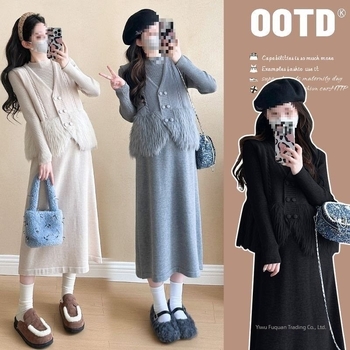 Trudnički set za jesen/zimu, dvodijelni: pleteni haljina s vestom, dugi rukavi, Air Cotton tkanina, kratka suknja, japansko-korejski casual stil, tisak i bojanje