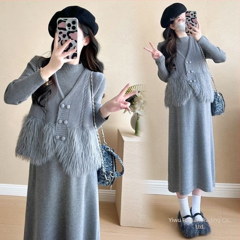 Trudnički set za jesen/zimu, dvodijelni: pleteni haljina s vestom, dugi rukavi, Air Cotton tkanina, kratka suknja, japansko-korejski casual stil, tisak i bojanje