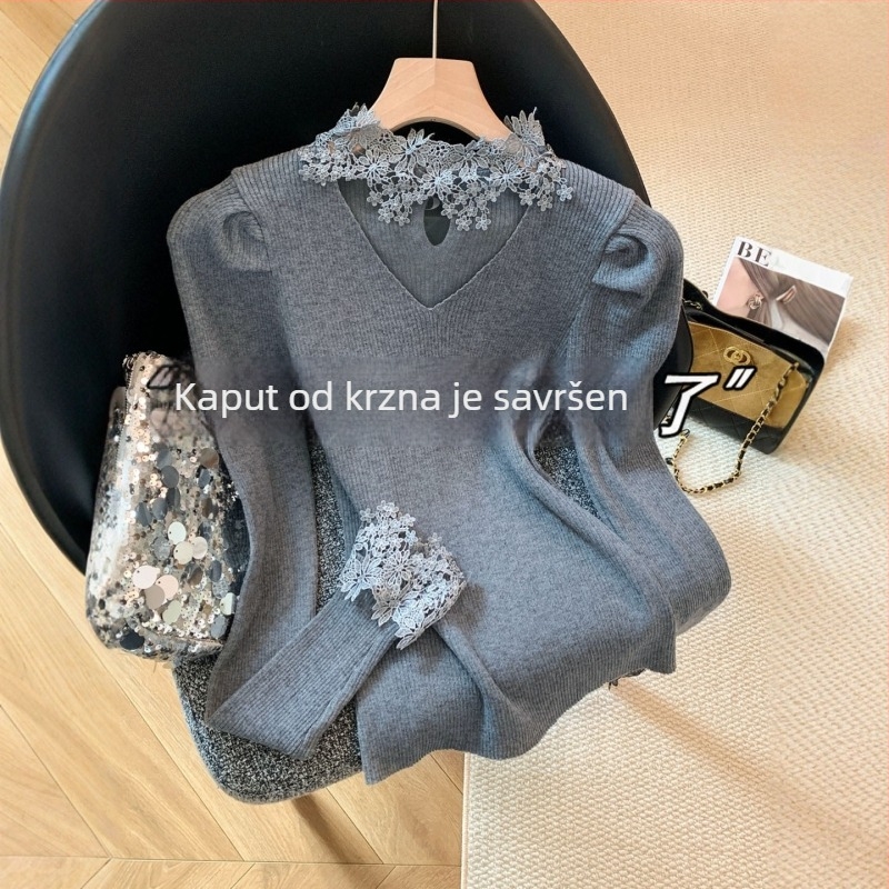 Pleteni top u korejskom stilu s čipkastim umetkom i polu-visokim ovratnikom, dugi rukavi, model A9194